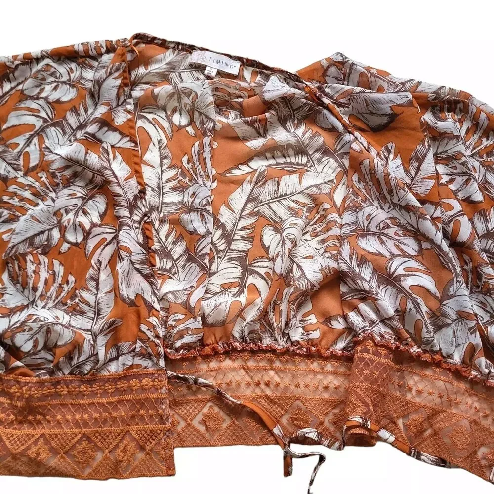 TIMING Blouse Womens XL Orange Wide Sleeve Lace Tie Front Tropical Print Boho - Picture 2 of 7